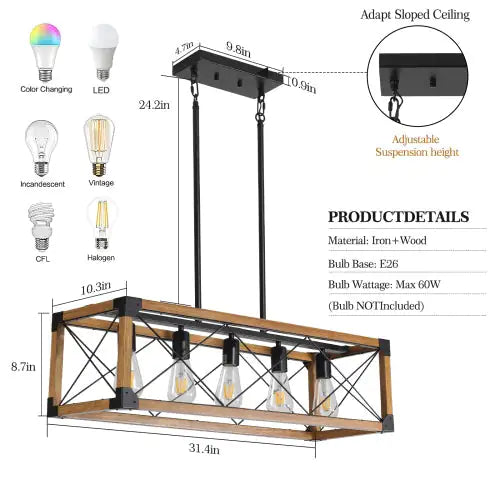 5 Lights Vintage Farmhouse Chandelier For Kitchen, Living Room, Dining Room Walnut - No Bulbs Unavailable Platforms- Temu