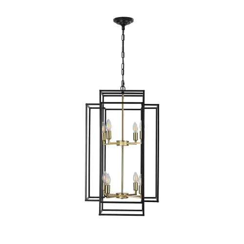 8 Lights Black & Gold Lantern Tiered Chandelier, Industrial Farmhouse Chandelier - No Bulbs Unavailable Platform- Temu