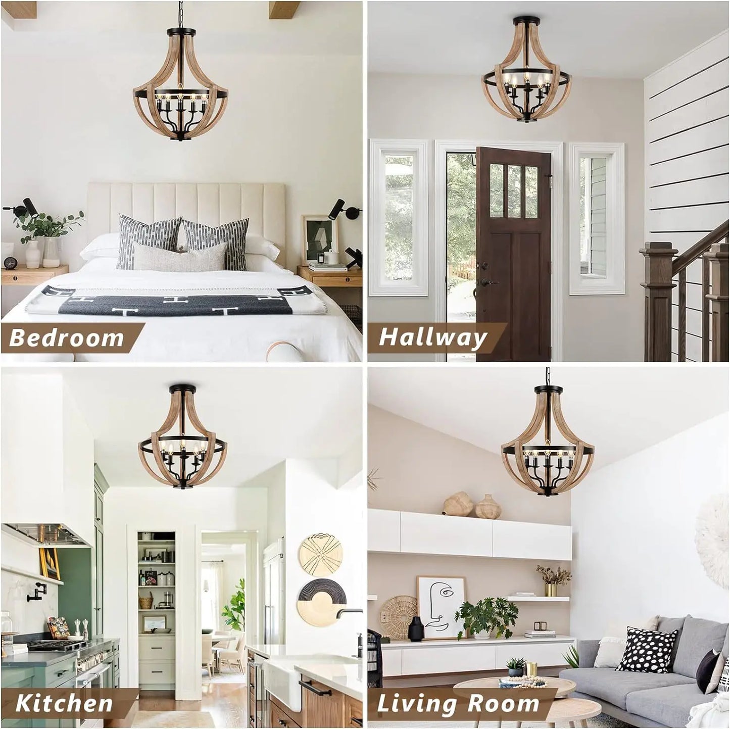 Solid Wood Modern Chandelier For Dining Room, Living Room, Kitchen, Island, Bedroom, Foyer, Height Adjustable, Brown Unavailable Platforms- Welfel