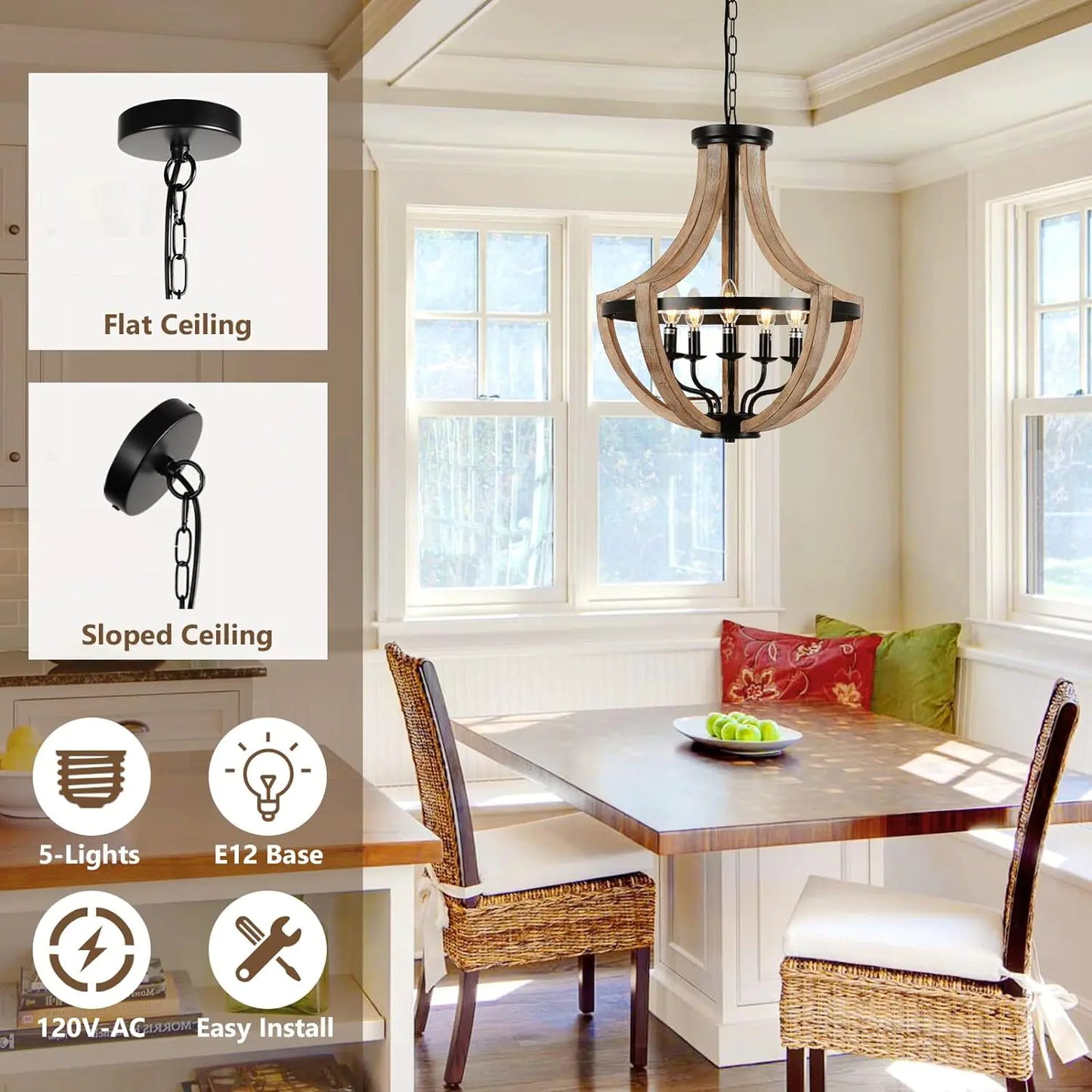 Solid Wood Modern Chandelier For Dining Room, Living Room, Kitchen, Island, Bedroom, Foyer, Height Adjustable, Brown Unavailable Platforms- Welfel